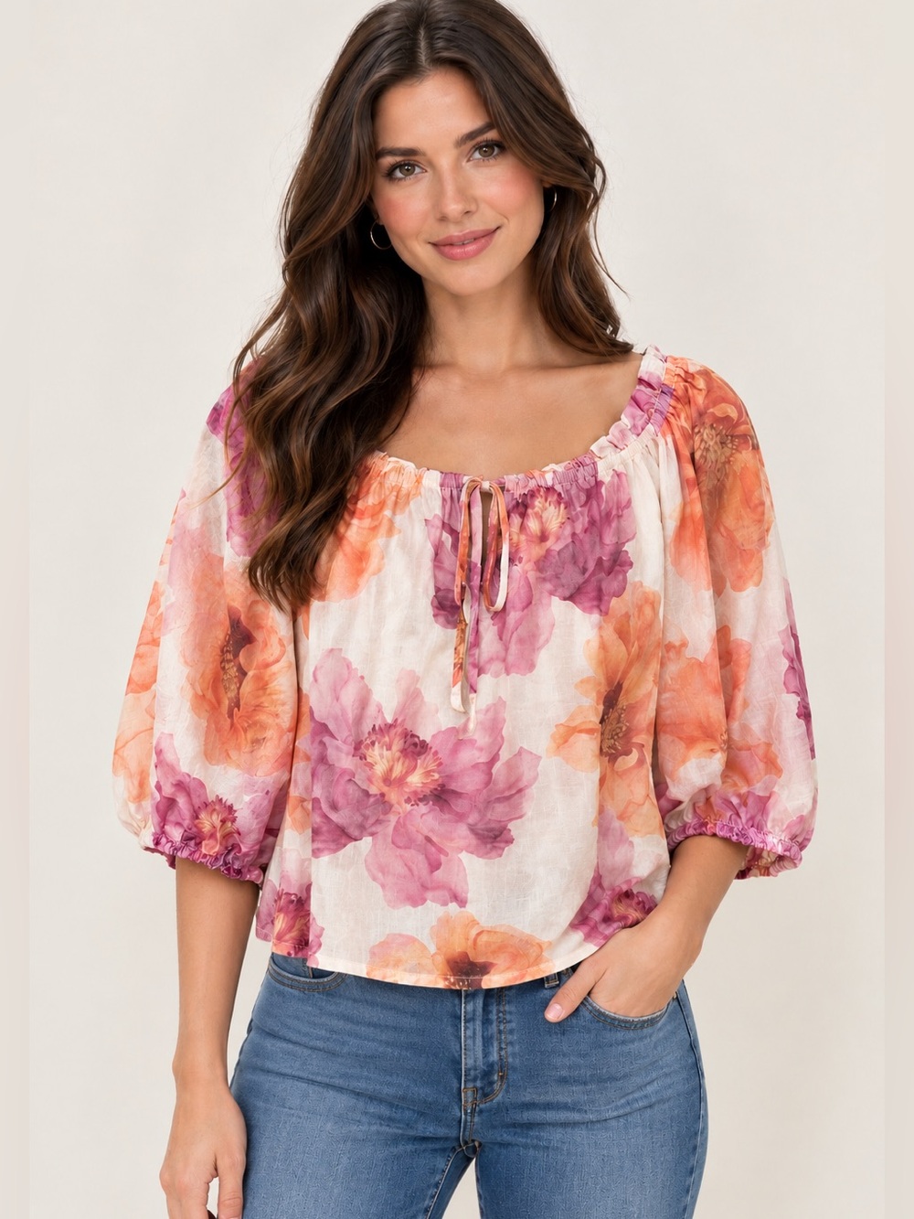 Lucky & Coco Lightweight Floral Peasant Top - Cream with Peach & Rose Size XL